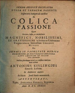 Disp. inaug. med. de colica passione