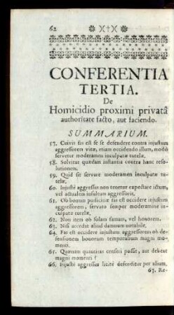 Conferentia Tertia. De Homicidio proximi privatâ authoritate facto, aut faciendo