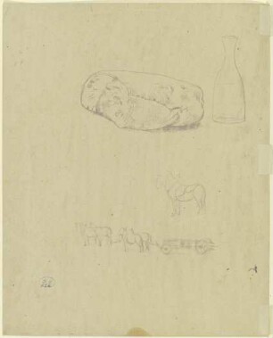 Studienblatt: Brot, Flasche und eine bespannte Pferdekutsche