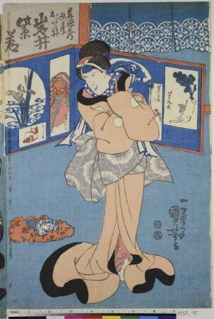 Die Schauspieler Iwai Shijaku I als Jihizō's Frau Otane, Ebizō V als Yokozō, Iwai Tojaku I als Kansukes Mutter Fukayuki und Sawamura Tosshō I als Jihizō
