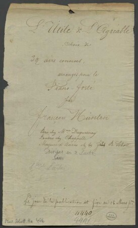 L'utile et l'agréable, pf - BSB Mus.Schott.Ha 4176 : [title page:] L'Utile & L'Agréable // choix de // 3[crossed out: "0", corrected to "2"] airs connus, // arrangés pour le // Piano-Forté // par // François Hünten