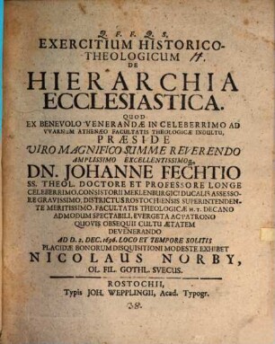 Exercitium hist. theol. de hierarchia ecclesiastica