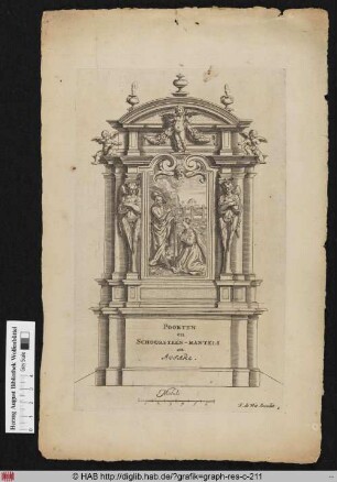 Entwurf für einen Altaraufsatz nach der Architektur mit Engeln, Engelskaryatiden und einem Altarbild (Noli me tangere Motiv), darunter ein Maßstab.
