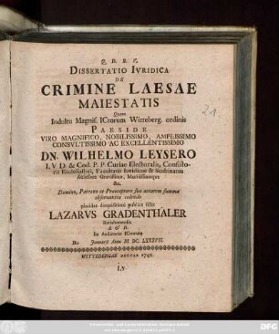 Dissertatio Ivridica De Crimine Laesae Maiestatis