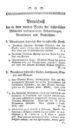 Verzeichniß der in dem vierten Bande der historischen Bibliothek vorkommenden Abhandlungen, Recensionen und Nachrichten