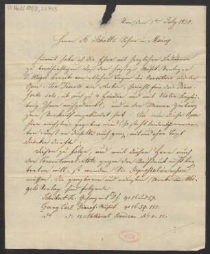 Brief an B. Schott's Söhne : 05.07.1830