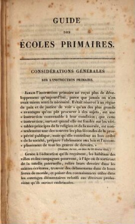 Guide des écoles primaires, ou lois, réglemens et instructions concernant les écoles primaires