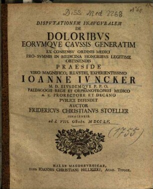 Dispvtationem Inavgvralem De Doloribvs Eorvmqve Cavssis Generatim