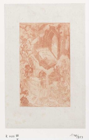 Junger Gaspard am Schreibtisch, umgeben von furchterregenden Kreaturen, Titelblatt aus: Louis Bertrand, "Gaspard de la nuit", Paris 1868