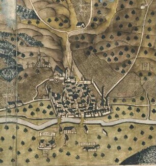 Horb am Neckar mit Burg Hornau, Ziegelhütte, Schießhaus, Anzeigerhäuschen und Schießmauer der Horber Schützengesellschaft sowie Siechenhaus, Schütteturm und St. Ottillienkapelle