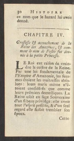 Chapitre IV. Grossesse & Accouchement de la Reine des Amazones, & comment le nom de Feslée fut donné à la petite Princesse.