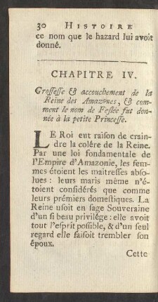 Chapitre IV. Grossesse & Accouchement de la Reine des Amazones, & comment le nom de Feslée fut donné à la petite Princesse.