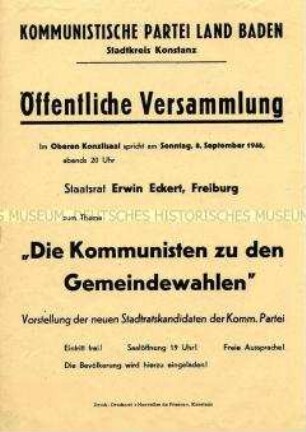 Einladung der KPD Konstanz zu einer öffentlichen Versammlung in Vorbereitung der Gemeindewahlen