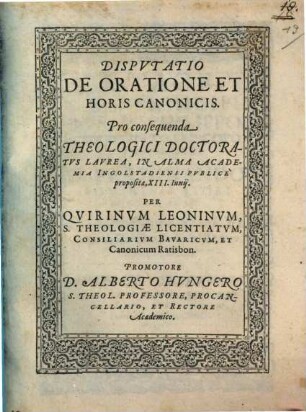 Dispvtatio De Oratione Et Horis Canonicis