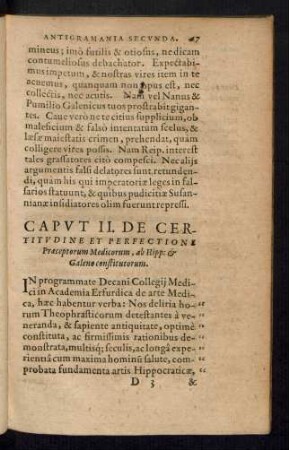 Caput II. De Certitudine Et Perfectione Praeceptorum Medicorum, ab Hipp: et Galeno constitutorum.