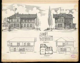 Gasthaus Monatskonkurrenz Dezember 1886: Grundriss Erdgeschoss, Obergeschoss, Aufriss Vorderansicht, Seitenansicht, Längsschnitt, Querschnitt; 2 Maßstabsleisten