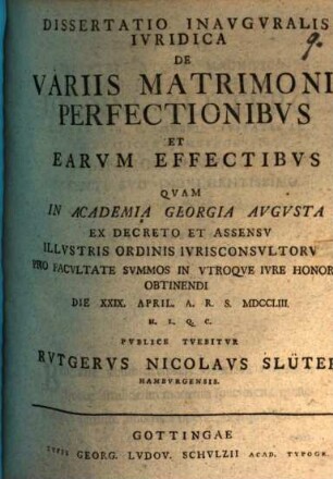 Diss. inaug. iur. de variis matrimonii perfectionibus et earum effectibus