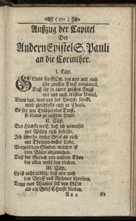 Außzug der Capitel Der Andern Epistel S. Pauli an die Corinther