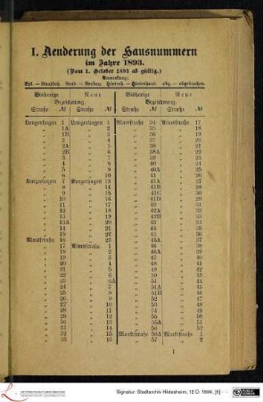 I. Aenderung der Hausnummern im Jahre 1893.