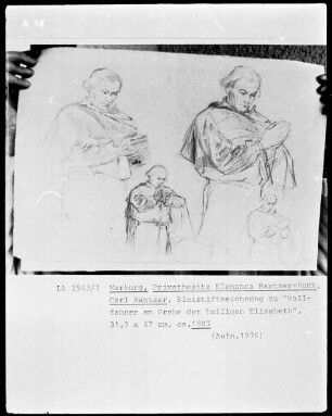 Zeichnung in einem Skizzenbuch: betender Mönch (Studie zu "Wallfahrer am Grabe der heiligen Elisabeth")