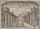 Bühnenbild zur Oper "La Caduta del Regno dell’Amazzoni" (dritter Akt, Szene 2: Mandane und Mitilene in einem Säulenhof), aus der 1690 in Rom publizierten Edition des Librettos
