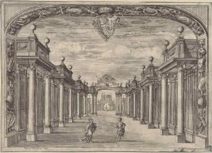 Bühnenbild zur Oper "La Caduta del Regno dell’Amazzoni" (dritter Akt, Szene 2: Mandane und Mitilene in einem Säulenhof), aus der 1690 in Rom publizierten Edition des Librettos
