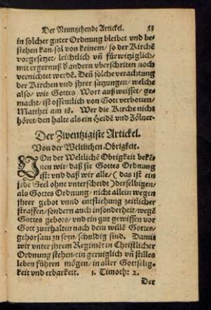 Der Zwentzigiste Artickel. Von der Weltlichen Obrigkeit.
