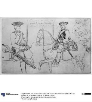 Zwei Kürassiere aus der Zeit Friedrich Wilhelms I. im Sattel, Detail der Schabracke, mit Notizen