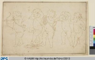 Fünf Studien eines Putto mit Pfeil und Bogen und sich die Hände schützend vors Gesicht haltend