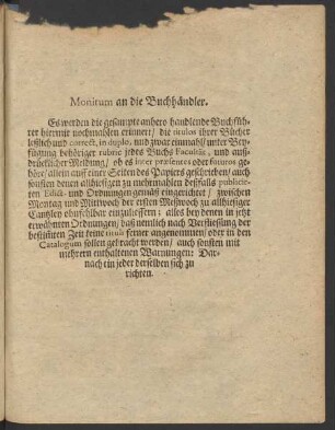 Monitum an die Buchhändler.
