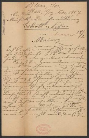 Brief an B. Schott's Söhne : 15.02.1887