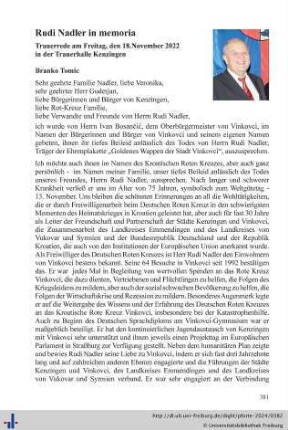 Rudi Nadler in memoriam. Trauerrede am Freitag, den 18. November 2022 in der Trauerhalle Kenzingen