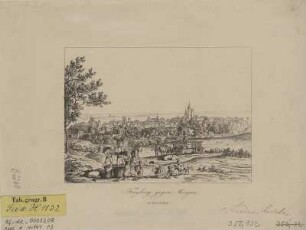 Ansicht von Freiberg, Lithographie, um 1840? : Freyberg gegen Morgen. - [Freiberg] : [Craz & Gerlach] , [um 1840?]. - 1 Kunstbl. : Lithogr. ; 15 x 11 cm