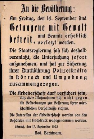 Zusammenziehung von Polizeikräften in Lörrach und Umgebung zur Untersuchung der Gefangenenbefreiung vom 14. September 1923 (BA Lörrach)