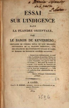 Essai sur l'Indigence dans la Flandre Orientale