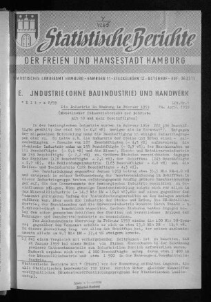 Die Industrie in Hamburg im Februar 1959 : Lfd. Nr. 1