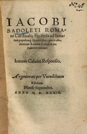 Epistola ad senatum populumque Genevensem, qua in obedientiam Romani Pontificis eos reducere conatur ...