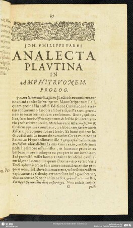 Joh. Philippi Parei Analecta Plautina In Amphitruonem