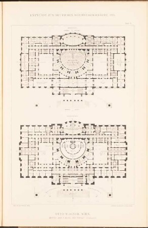 Reichstag, Berlin Zweiter Wettbewerb: Grundriss EG, 1. OG (aus: Sammelmappe hervorragender Konkurrenzentwürfe H. 6, hrsg.v. K.E.O. Fritsch, 1883)