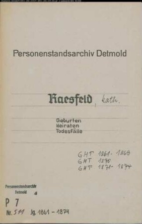 Kirchenbuchduplikate der Katholischen Gemeinde St. Martin, Raesfeld (GHT 1861-1869; GHT 1870; GHT 1871-1874). (Gemeinde: Raesfeld, Katholische Gemeinde)