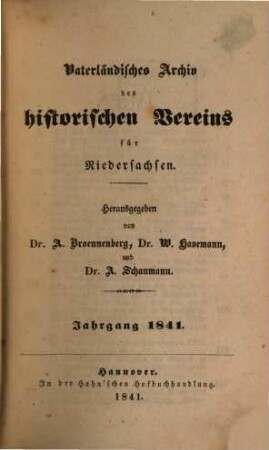 Vaterländisches Archiv des Historischen Vereins für Niedersachsen. 1841