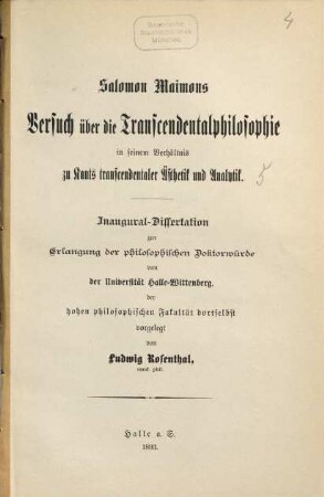 Salomon Maimons Versuch über die Transcendentalphilosophie in seinem Verhältnis zu Kants transcendentaler Ästhetik und Analytik