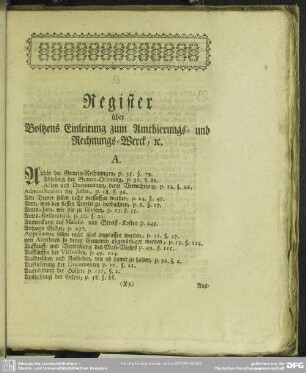 Register über Boltzens Einleitung zum Amthierungs- und Rechnungs-Werck, rc.