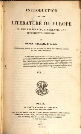 Introduction to the literature of Europe in the fifteenth, sixteenth, and seventeenth centuries, 1