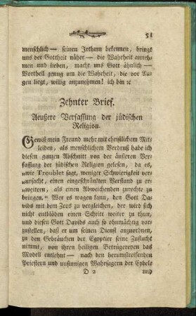 Zehnter Brief. Aeußere Verfassung der jüdischen Religion. - Dreyzehnter Brief. Wahrheiten der jüdischen Religion.