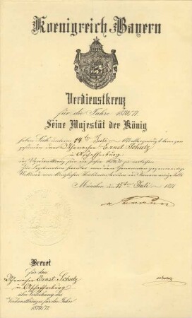 Verleihungsurkunde für Ernst Schulz, Uhrmacher, Aschaffenburg