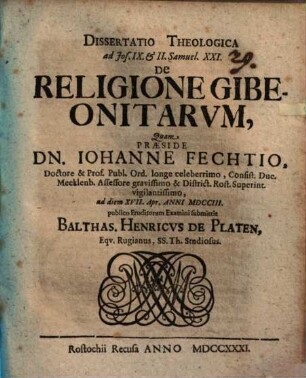 Dissertatio Theologica ad Jos. IX. & II. Samuel. XXI. De Religione Gibeonitarvm