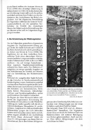 Abb. 5: Detail des Auschlusses mit den am mächtigsten entwickleten Torfen und den zur Probenentnahme verwendeten Kunststoffspritzen. Daneben die im Pollendiagramm verwendeten Probennummern. Foto: B.-H. Rickert
