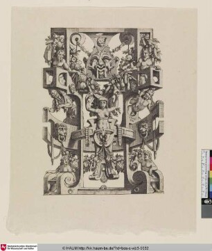 [Groteske mit Masken, Menschen, Satyrn und Früchten; A female term in strapwork against the background of a cartouche with satyrs and masks]