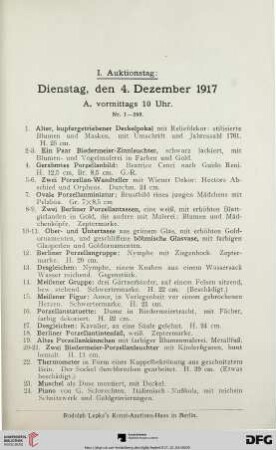 I. Auktionstag: Dienstag, den 4. Dezember 1917 (Nr. 1-465)